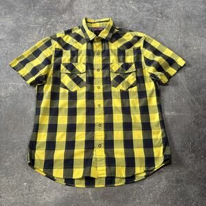 Hawke Plaid Shirt Mens L Yellow Black Short Sleeve Button Up Summer Skater